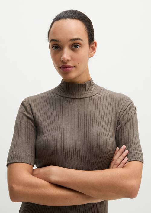 Ripp-Jersey-T-Shirt slim Stone Taupe in Frontalansicht