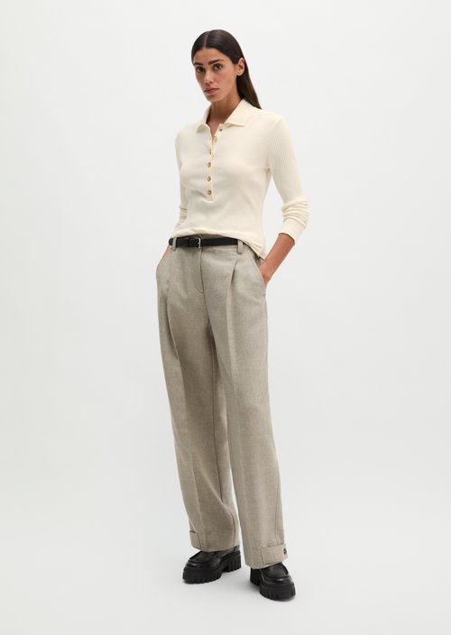 Ribbed long sleeve polo shirt slim — White Cotton