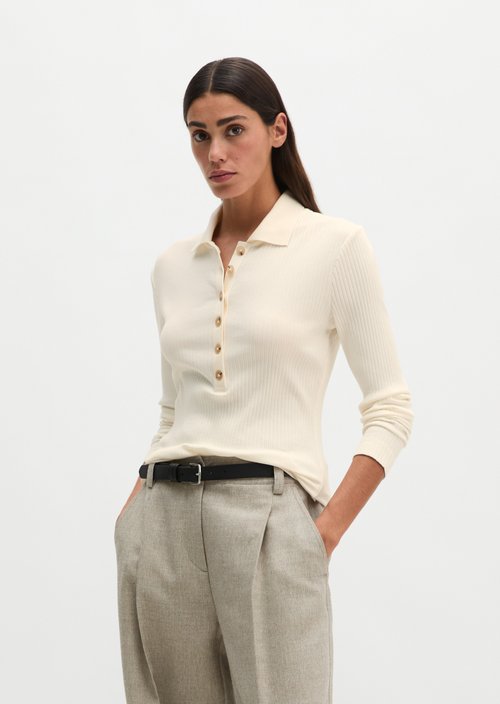 Ribbed long sleeve polo shirt slim — White Cotton