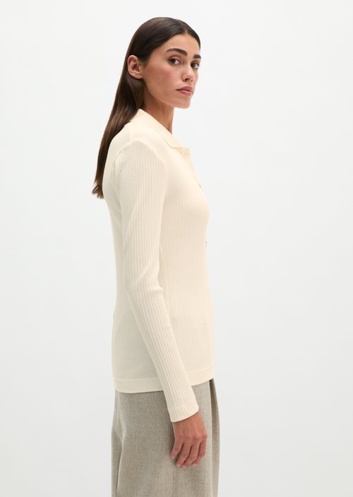 Ribbed long sleeve polo shirt slim — White Cotton