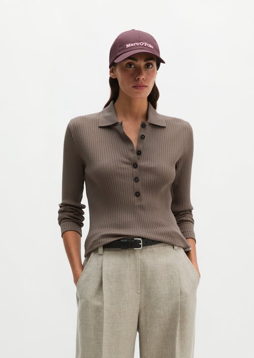 Ribbed long sleeve polo shirt slim — Stone Taupe