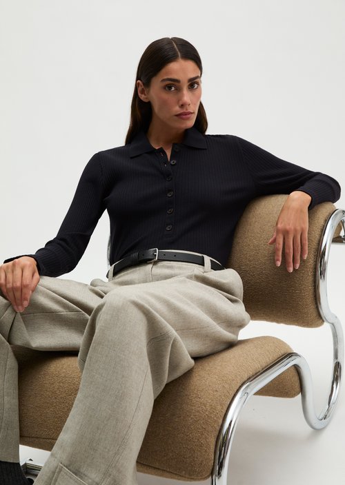 Ribbed long sleeve polo shirt slim — Martime Blue