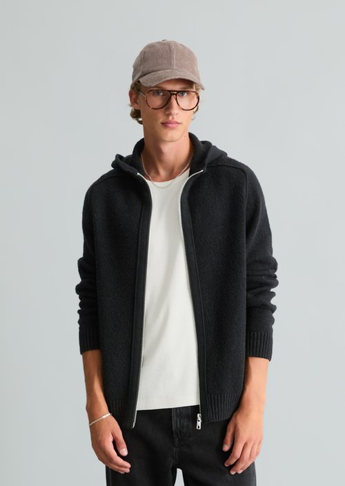 Regular-Fit Bouclé Knit Hoodie — Black