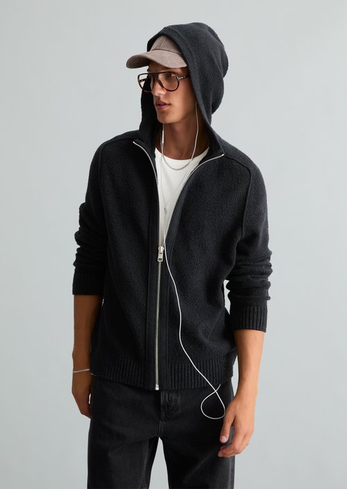 Regular-Fit Bouclé Knit Hoodie — Black