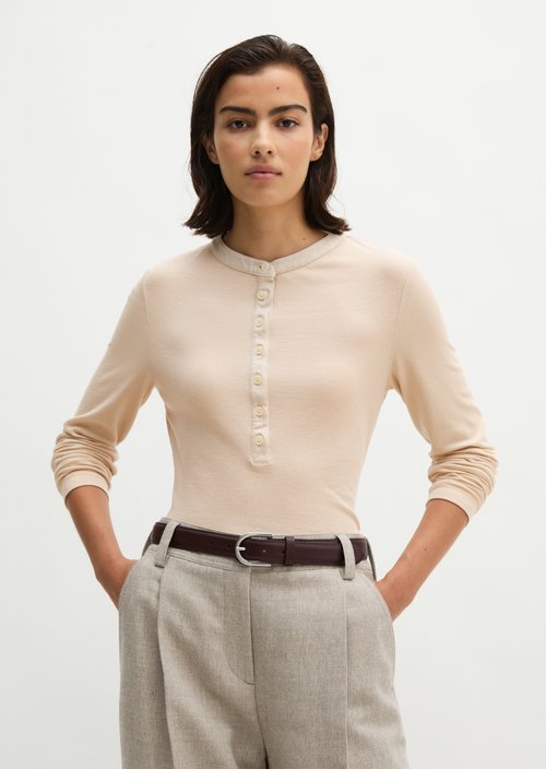 Ribbed Henley longsleeve slim — Natural