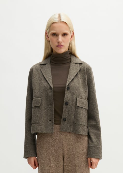 Cropped tweed jersey blazer — Dark Brown