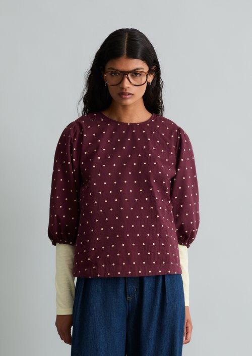Seersucker Blouse, Regular Fit — Dark Red