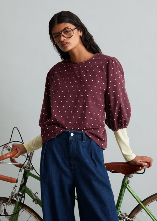 Seersucker Blouse, Regular Fit — Dark Red