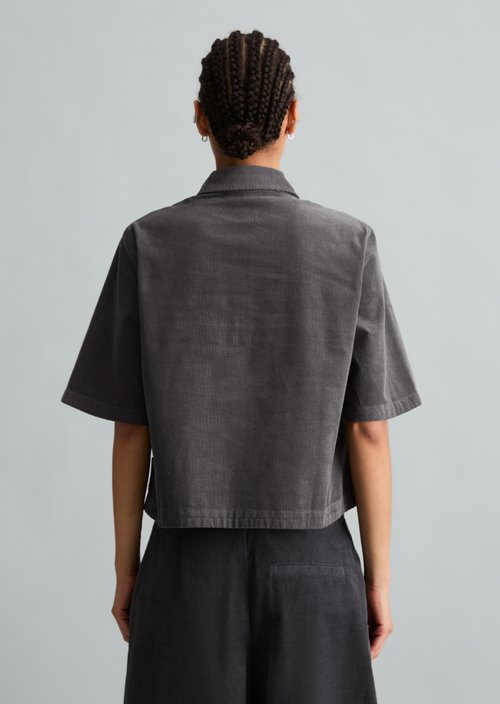 Cropped Short-Sleeve Fine-Cord Blouse — Light Graphite