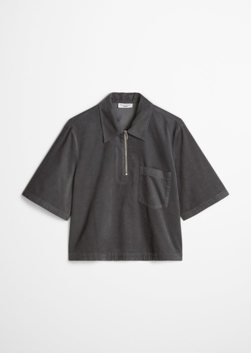 Cropped Short-Sleeve Fine-Cord Blouse — Light Graphite