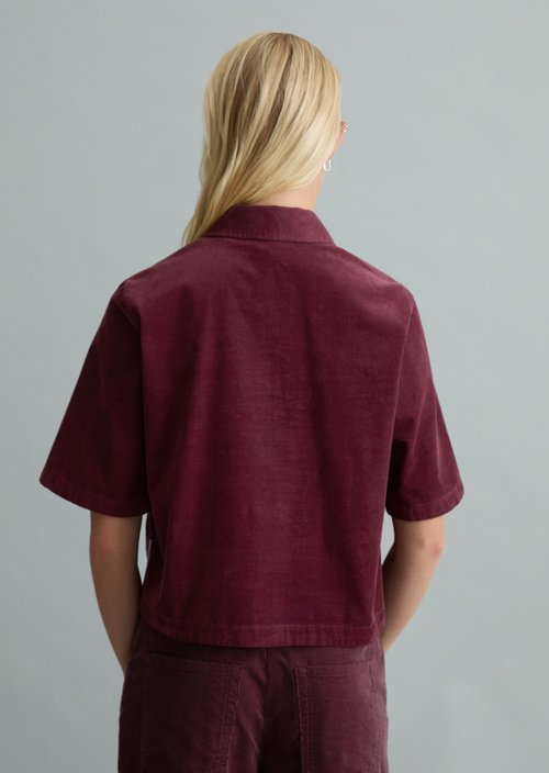 Cropped Short-Sleeve Fine-Cord Blouse — Mahagony Jam