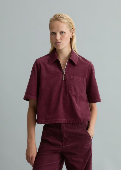 Cropped Short-Sleeve Fine-Cord Blouse — Mahagony Jam
