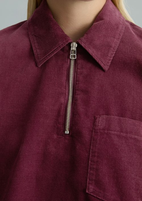 Cropped Short-Sleeve Fine-Cord Blouse — Mahagony Jam