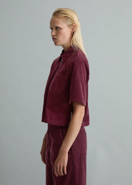 Cropped Short-Sleeve Fine-Cord Blouse — Mahagony Jam