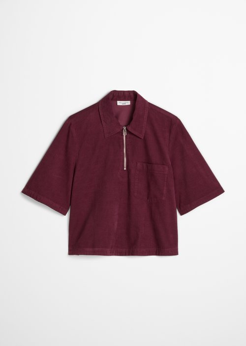 Cropped Short-Sleeve Fine-Cord Blouse — Mahagony Jam