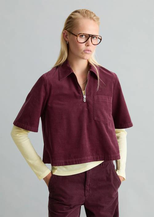 Cropped Short-Sleeve Fine-Cord Blouse Mahagony Jam in front view