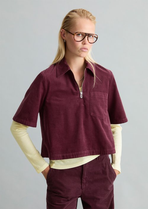 Cropped Short-Sleeve Fine-Cord Blouse — Mahagony Jam