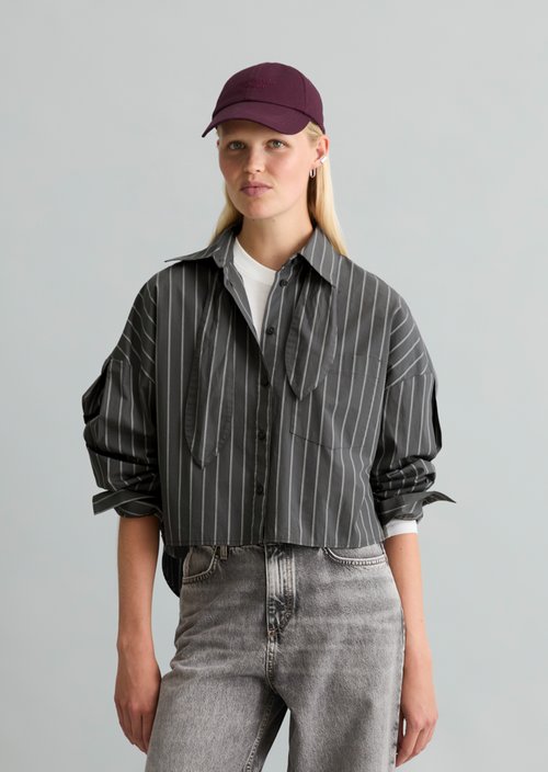 Striped Bow-Tie Blouse, Regular Fit — Dark Grey