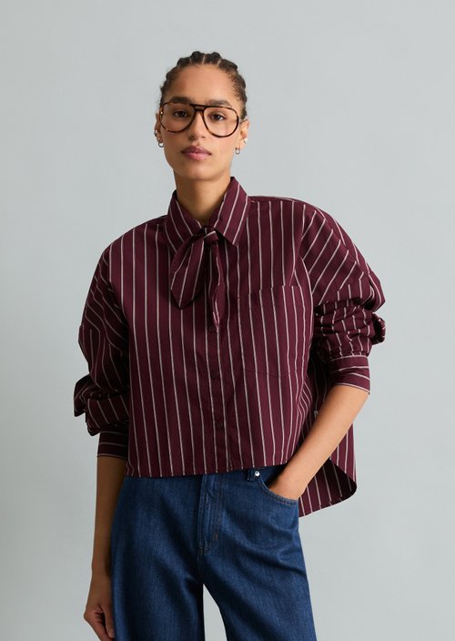 Striped Bow-Tie Blouse, Regular Fit — Dark Red
