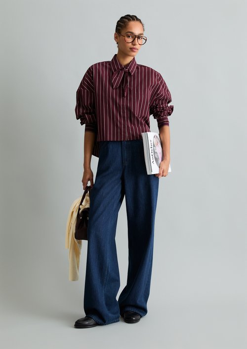 Striped Bow-Tie Blouse, Regular Fit — Dark Red
