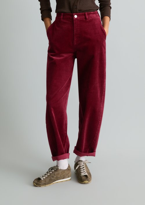 Airin Barrel-Leg Cord Pants — Deep Burgundy