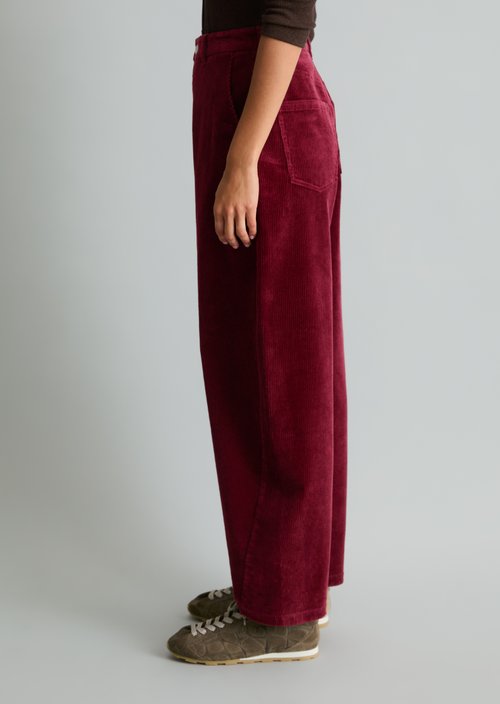 Airin Barrel-Leg Cord Pants — Deep Burgundy