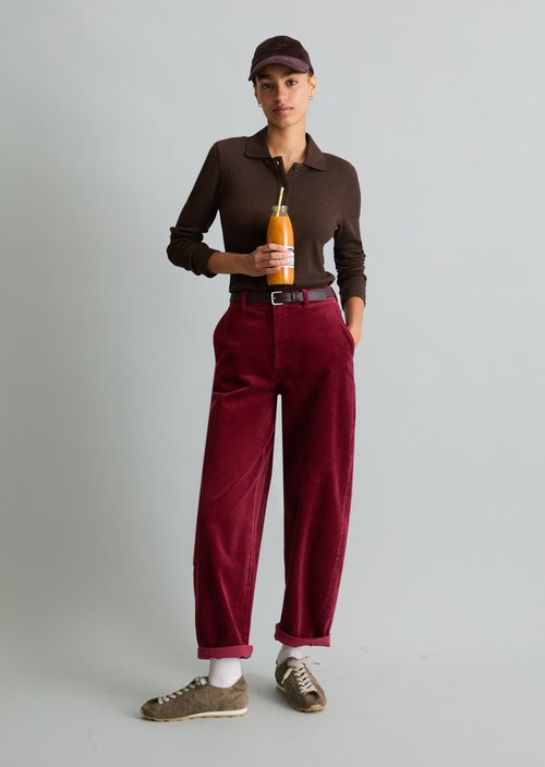 Airin Barrel-Leg Cord Pants — Deep Burgundy