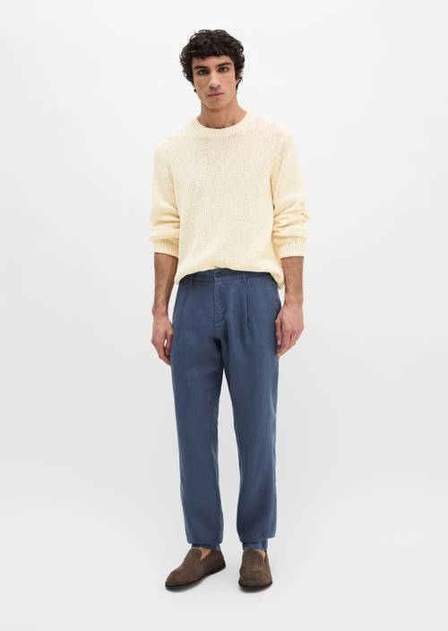 Pantaloni in lino modello Osby con pieghe da jogger Faded Blue in vista frontale