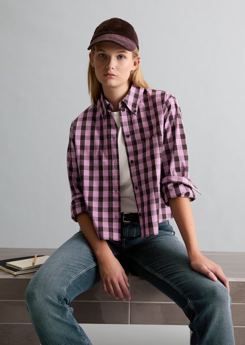 Cropped Checkered Blouse — Light Beige