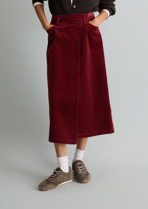 Regular-Fit Wrap Corduroy Skirt — Deep Burgundy
