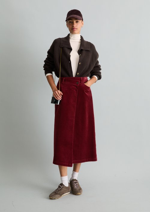 Regular-Fit Wrap Corduroy Skirt — Deep Burgundy