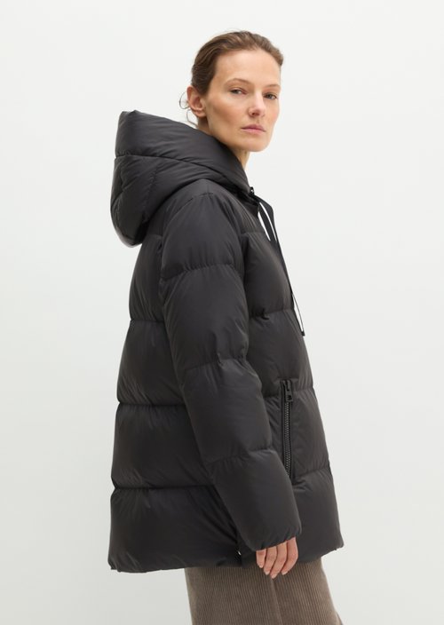 Regular-Fit Quilted Down Jacket with Hood — Black