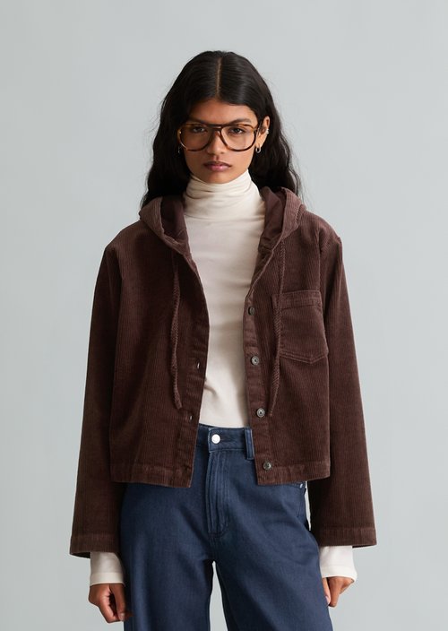 Relaxed-Fit Hooded Corduroy Blouse — Espresso Brown