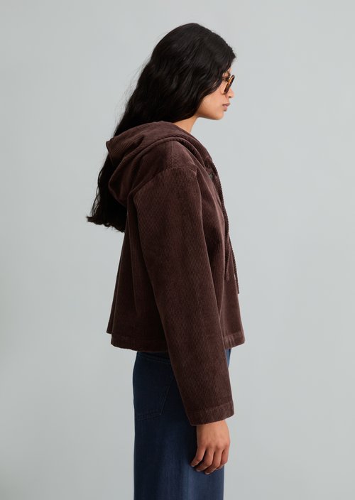 Relaxed-Fit Hooded Corduroy Blouse — Espresso Brown