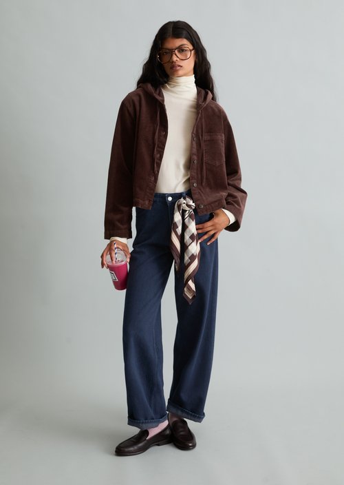 Relaxed-Fit Hooded Corduroy Blouse — Espresso Brown