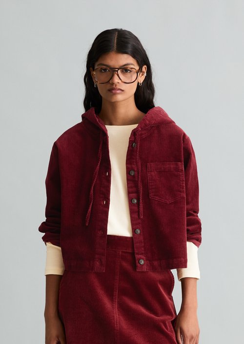 Relaxed-Fit Hooded Corduroy Blouse — Deep Burgundy
