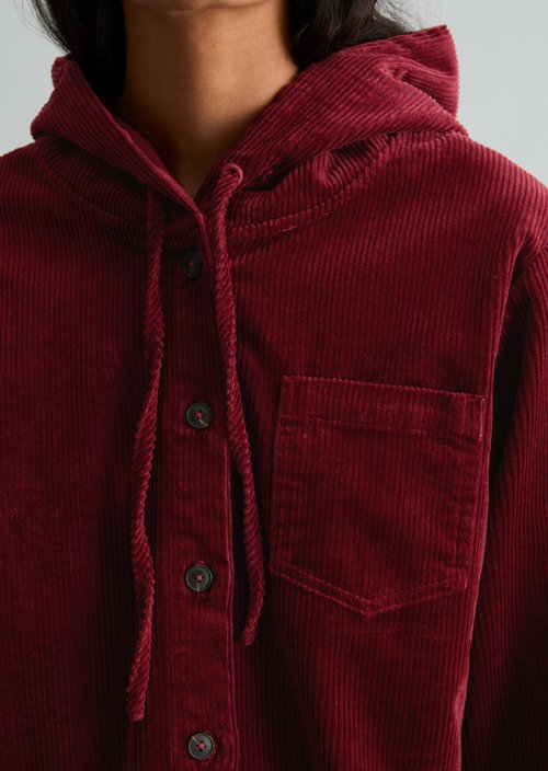 Relaxed-Fit Hooded Corduroy Blouse — Deep Burgundy