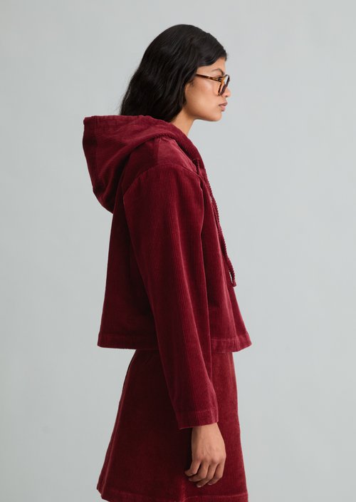 Relaxed-Fit Hooded Corduroy Blouse — Deep Burgundy