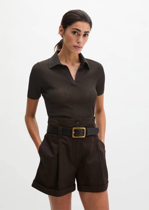 Ribbed knit polo slim Burnt Coffee in front view