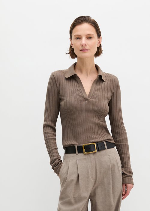 Ribbed polo shirt slim — Chalky Brown