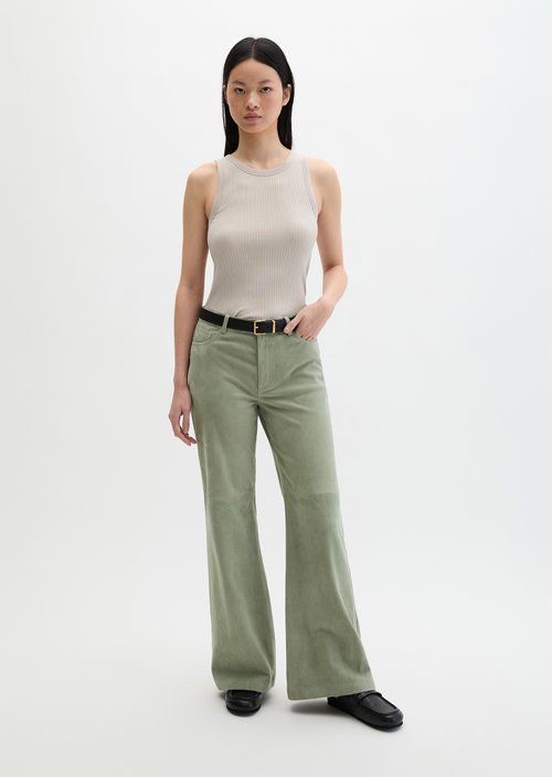 Marc O'Polo Suède leren broek wijd, Dames, groen, 32, 100% Leer (Geit)