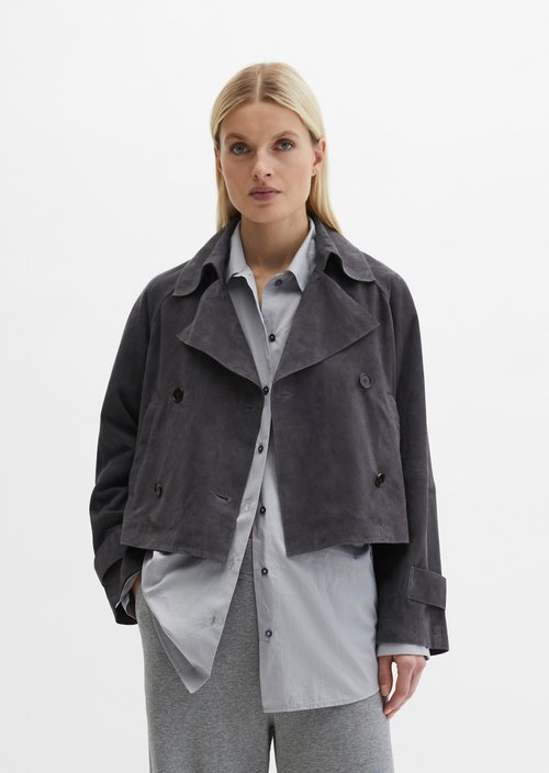 Relaxed trench-style suede jacket — Blue Graphite