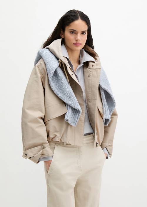 Canvas jacket with hood relaxed Linen Beige in front view