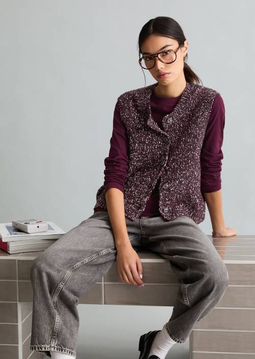 Sleeveless Tweed Cardigan, Regular Fit Mahagony Jam in front view