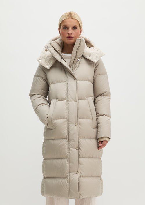 Quilted Down Coat with Hood, Regular Fit — Earthy Taupe