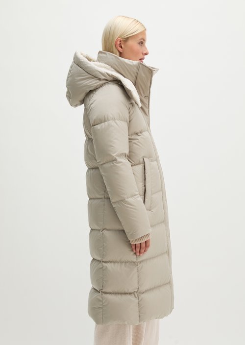 Quilted Down Coat with Hood, Regular Fit — Earthy Taupe