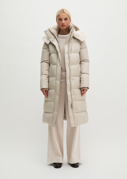 Quilted Down Coat with Hood, Regular Fit — Earthy Taupe