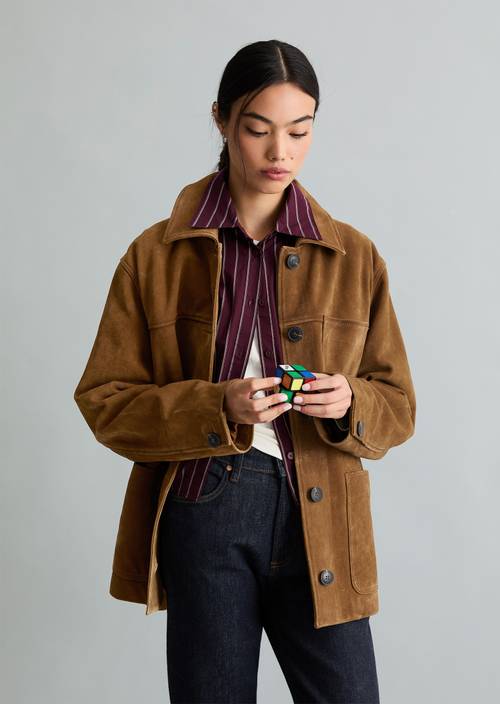 Barn-Style Leather Jacket, Regular Fit True Brown in front view