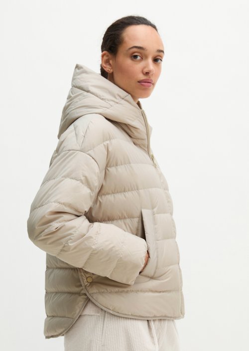 Down quilted jacket with hood relaxed — Linen Beige