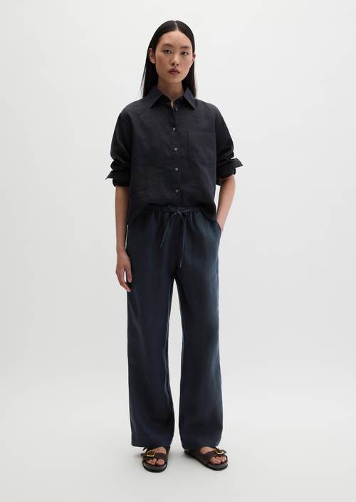 Straight linen trousers Deep Night Blue in front view